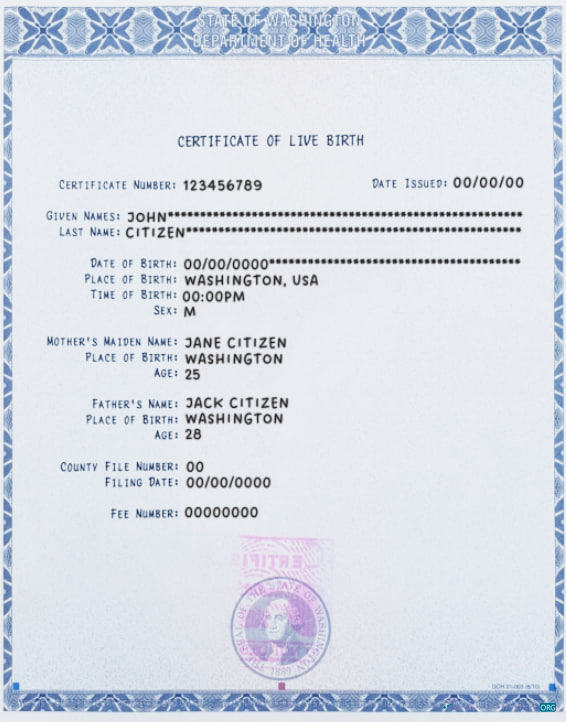 Download Washington certificate of live birth Photoshop template